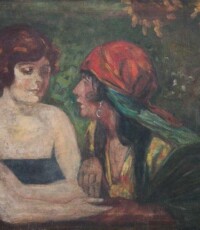 Wróżba, motyw zaczerpnięty z reklamy mydła Palmolive „Your future is your own making” publikowanej w 1924 r. w prasie amerykańskiej oraz w 1925 r. w prasie francuskiej „Votre bonheur dépend de vous”, sygnatura nieczytelna (Sagłowski ?), olej na płót